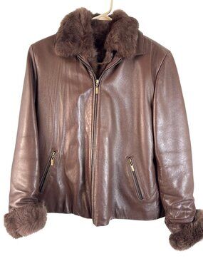 Wilson's Pelle Studio Leather Jacket Rabbit Fur Lining Brown Sz Medium Women's